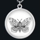 Brahmin moth teckning silverpläterat halsband<br><div class="desc">Hand plockade illustration av en brahmin-mage i svartvitt.</div>