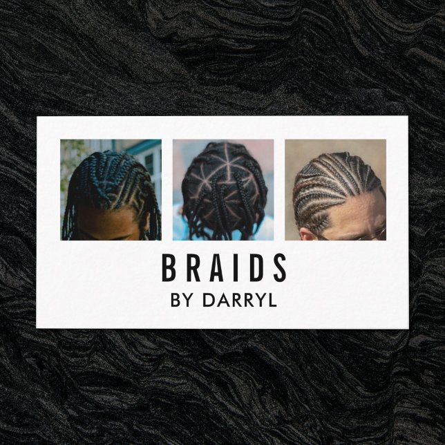 Braids Braiding Loctician Photo Afro Hair Stylist Visitkort (A braids business card with a 3 photo design. )