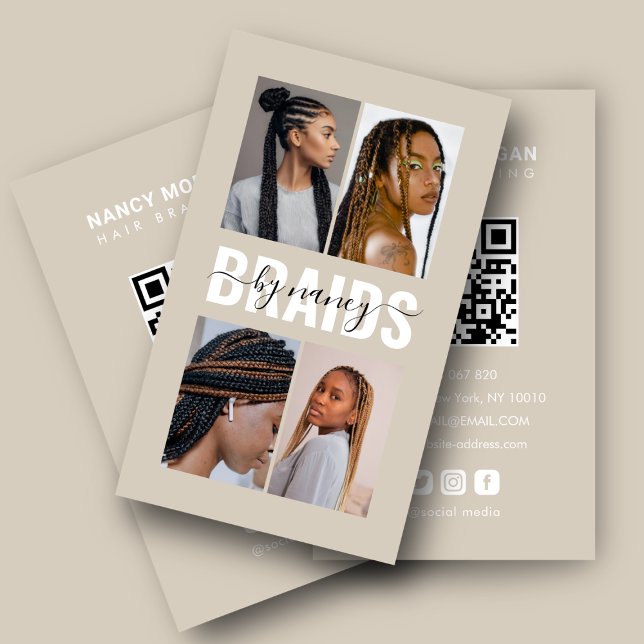 Braids Calligraphy Script Photo Collage Beige  Visitkort (Skapare uppladdad)