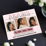 Braids Photo Collage Hairstylist Flygblad<br><div class="desc">Modern Monogram Braids Hairstylist Business-flygare, designad med chic och professionell touch. Den här flygaren har "BRAIDS" i ord i snyggt med stor typgrafi, kompletterad med ditt namn i ett handskrivet typsnitt i eleganten. Visa din expertis med fyra provbilder av dina hjärnformade hårstilar på en mjuk rosa och svart bakgrund. Anpassa...</div>