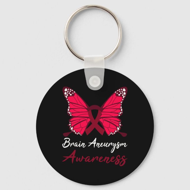 Brain Aneurysm Awareness Butterfly Burgundy Ribbon Nyckelring (Framsida)