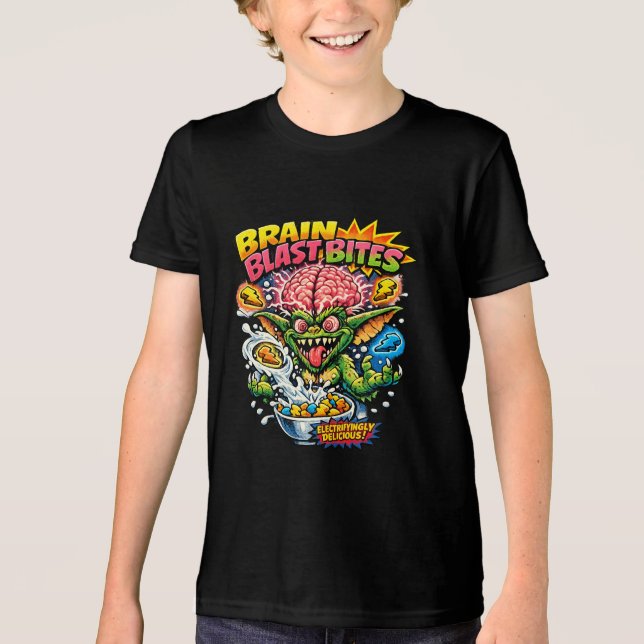 Brain Blast Bites Retro Cartoon Gremlin Cereal Par T Shirt (Framsida)