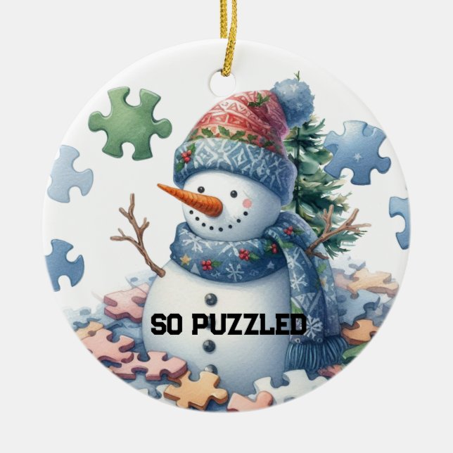 Brain Freeze Snögubbe Puzzle Julgransprydnad Keramik (Framsidan)