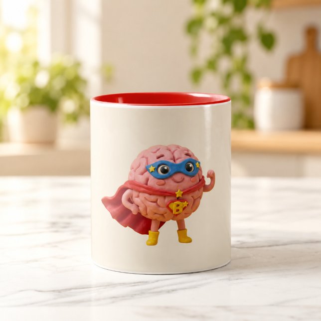 Brain Hero | Söt Superhjälte Maskot Kopp (Brain Hero | Cute Superhero Mascot Mug — digital mockup.)