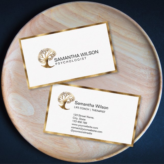 Brain Psycholog Life Coach Psychiatrist Visitkort (gold brain tree logo)