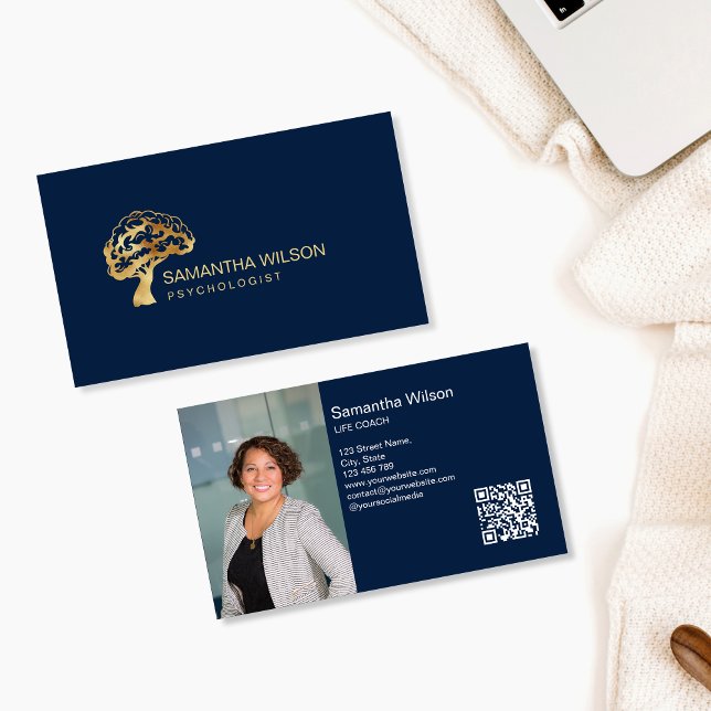 Brain Psycholog Therapist Psychiatrist QR kod Visitkort (gold brain tree logo)