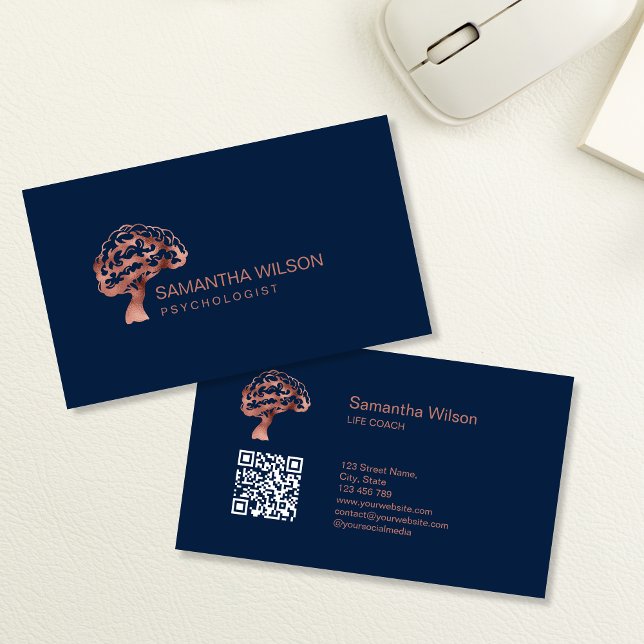 Brain Psycholog Therapist Psychiatrist QR kod Visitkort (ROSE GOLD BRAIN TREE LOGO)