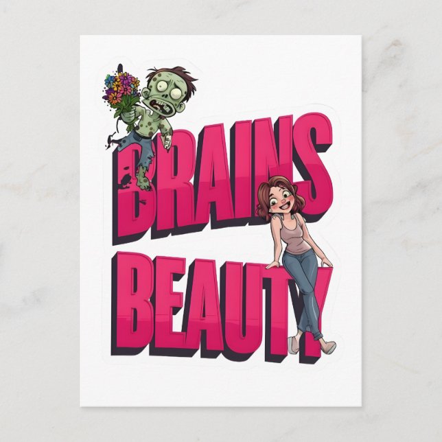 Brains & Beauty - Zombie Humor Design Vykort (Framsida)