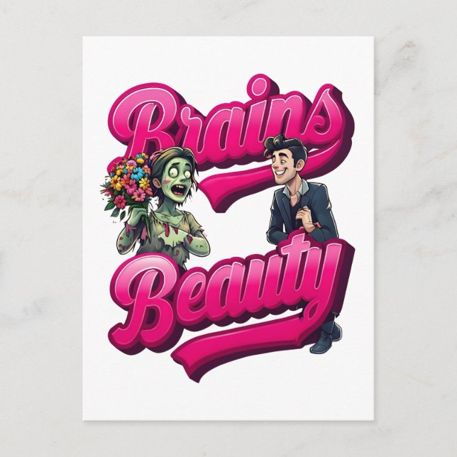 Brains & Beauty - Zombie Humor Design Vykort (Framsida)