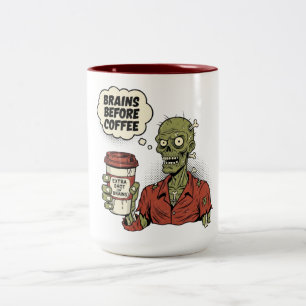 Brains before Coffee Zombie Halloween Två-Tonad Mugg