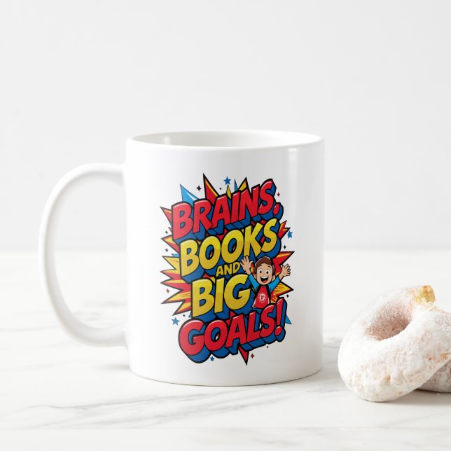 Brains Bokar och Big Goals - Roligt Back to School Kaffemugg (Med munk)