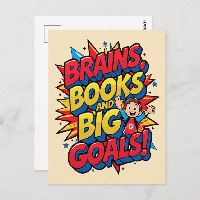 Brains Bokar och Big Goals - Roligt Back to School Vykort (Fram/baksida)
