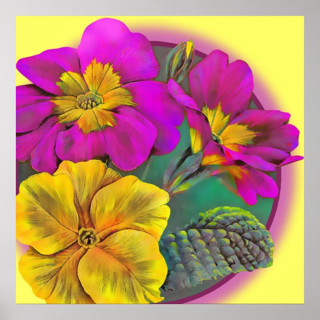 Bran Primula gult  art botaniskt poster utskrift (Framsidan)