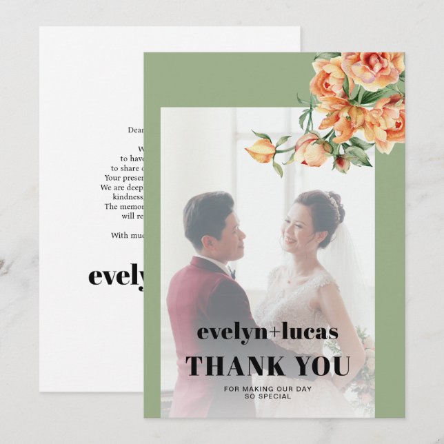 Branch, persikorosor, vita blommor, fotobröllop tack kort (Fram/baksida)