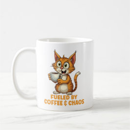 Bränd av kaffe och chaos, fin katt med kaffe kaffemugg