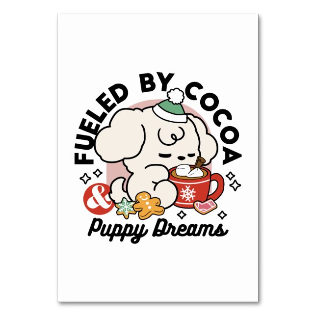 Bränd av kakao och Puppy Dreams - Cute Winter Hund Bordsnummer (Framsidan)