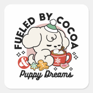 Bränd av kakao och Puppy Dreams - Cute Winter Hund Fyrkantigt Klistermärke