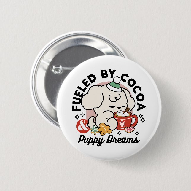 Bränd av kakao och Puppy Dreams - Cute Winter Hund Knapp (Framsida & baksida)