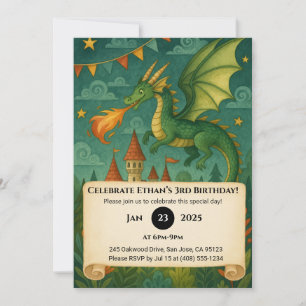 Brand Breathing Dragon och Castle Night Birthday Inbjudningar