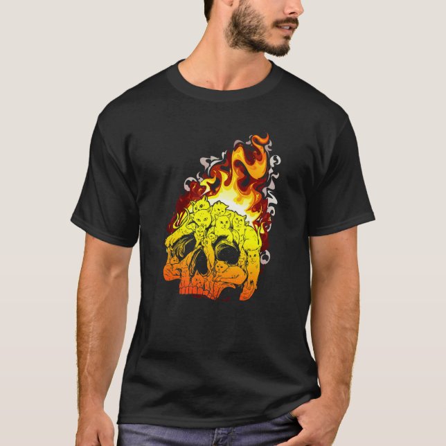 Brand Cat Buring Head Skull Huvud Bone Skull T Shirt (Framsida)