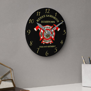 Brand Department Guld and Red Badge with Fire Axes Rund Klocka
