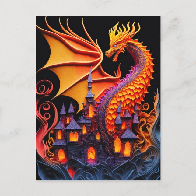 Brand Dragon Castle Fantasy Art Mythical Creates Vykort (Framsida)