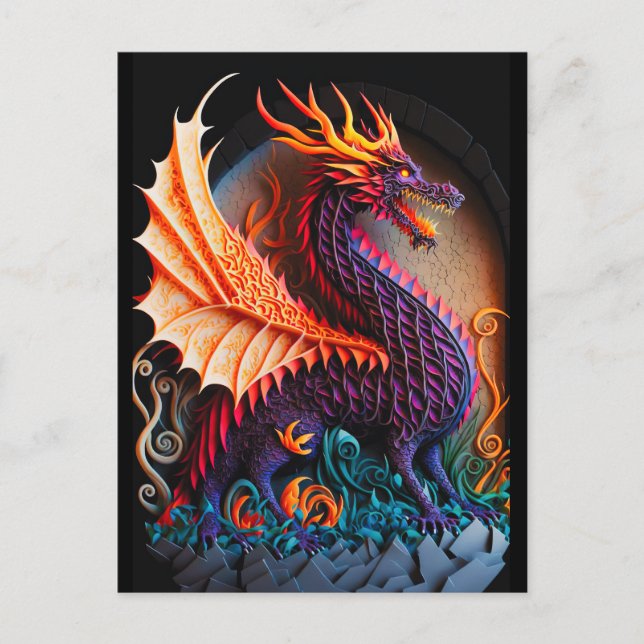 Brand Dragon Castle Fantasy Art Mythical Creates Vykort (Framsida)
