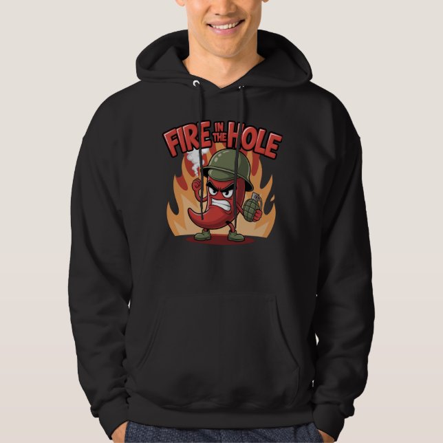 Brand i Hål Spicy Chili Pepper Funny Food Hoodie (Framsida)