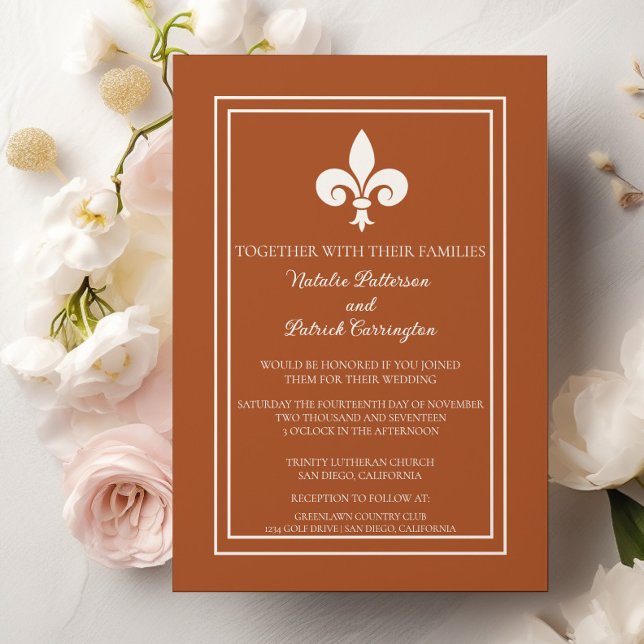 Bränd inbjudan till Orange Fleur de Lis Wedding (Burnt Orange Fleur de Lis Wedding Invitation)