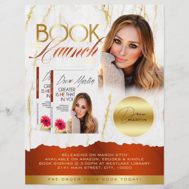 Bränd lanseringsversion av Orange och Guld Marble  Reklamblad (Framsidan)