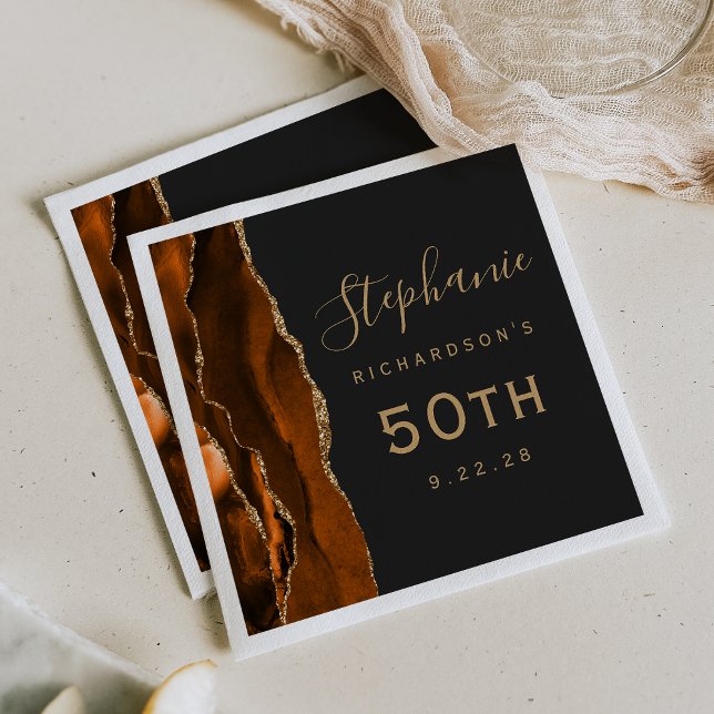Bränd Orange Agat Guld Script Mörk 50-årsdag Pappersservett (Skapare uppladdad)