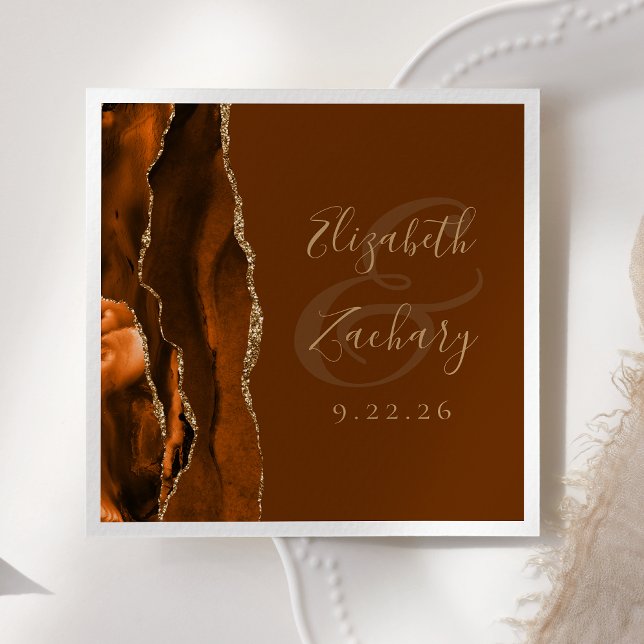 Bränd Orange Agate Guld Brown Bröllop Pappersservett (Skapare uppladdad)