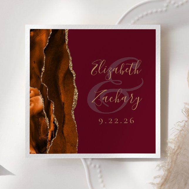 Bränd Orange Agate Guld Burgundy Bröllop Pappersservett (Skapare uppladdad)