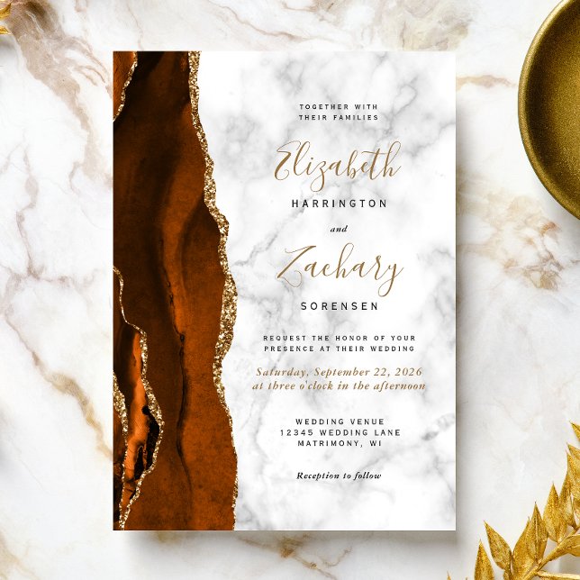 Bränd Orange Agate Guld Marble Wedding bjudande Inbjudningar (Skapare uppladdad)