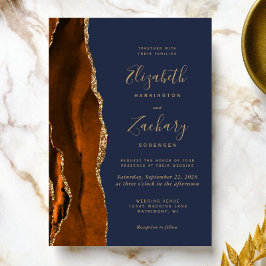 Bränd Orange Agate Guld marinblå Bröllop Inbjudningar