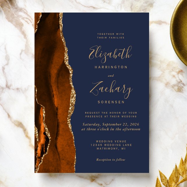 Bränd Orange Agate Guld marinblå Bröllop Inbjudningar (The perfect choice for a burnt orange and navy blue themed wedding.)