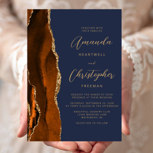 Bränd Orange Agate Guld marint blått skript Bröllo Inbjudningar