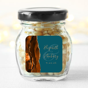 Bränd Orange Agate Guld Teal Bröllop Fyrkantigt Klistermärke