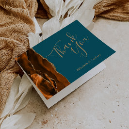 Bränd Orange Agate Guld Teal Bröllop Tack Kort