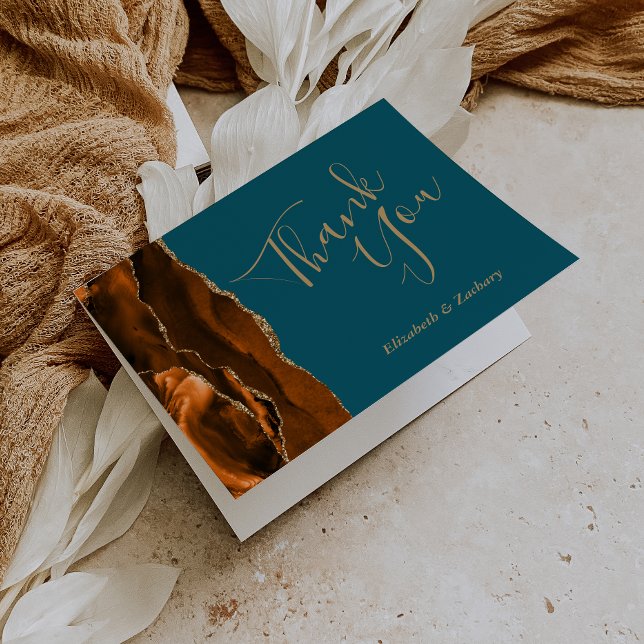 Bränd Orange Agate Guld Teal Bröllop Tack Kort (Skapare uppladdad)