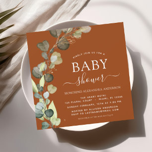 Bränd Orange Baby Shower Greenery Eucalyptus Inbjudningar
