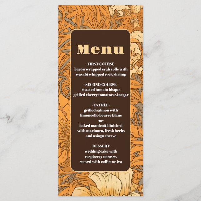 Bränd Orange Blommigt Art nouveau Bröllop Meny (Framsida)