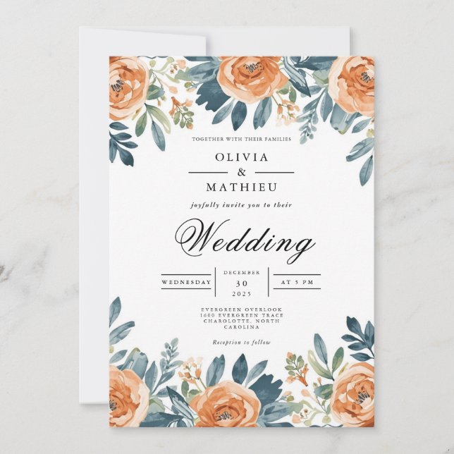 Bränd Orange Blommigt Vattenfärg Bröllop Inbjudningar (Framsida)