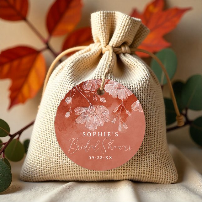 Bränd orange blomsterbröllopsfavorit etikett (Fall Bridal Shower Favor Tag)