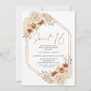 Bränd Orange Boho Blommigt Sweet 16 Birthday Inbjudningar
