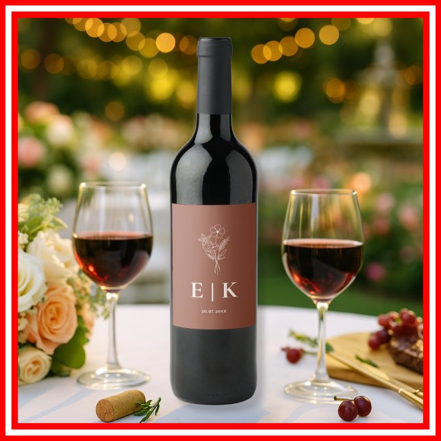 Bränd Orange Boho Terracotta Wildblomma Bröllop Vinflaska Etikett (Skapare uppladdad)