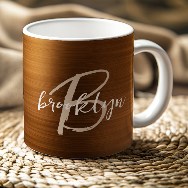 Bränd orange borstat metallskriftmonogram  kaffemugg (Skapare uppladdad)
