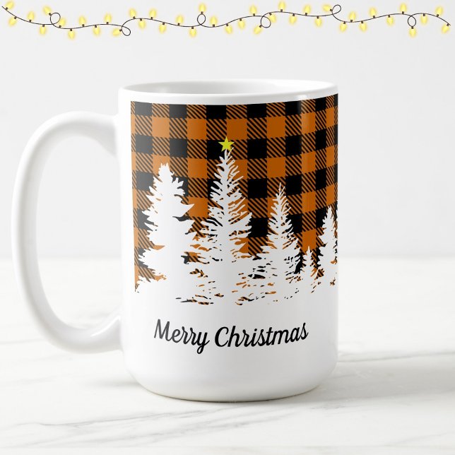 Bränd orange Buffalo-rutig skog Glad jul  Kaffemugg (Skapare uppladdad)