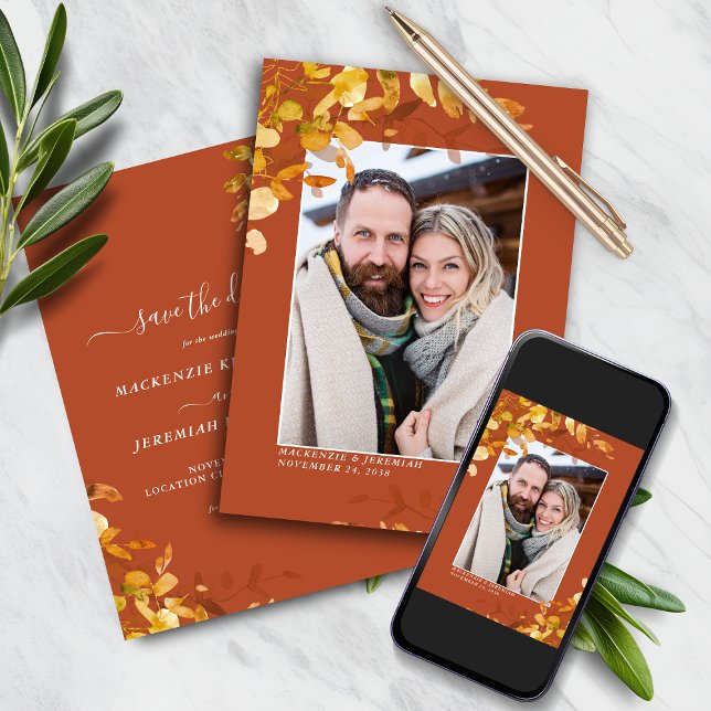 Bränd Orange Foto på hösten Bröllop Spara datum Datumet (Burnt Orange Autumn Wedding Photo Save the Date Card)