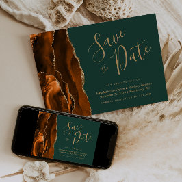 Bränd Orange Guld Agat Mörkgrön Save the Date Inbjudningar